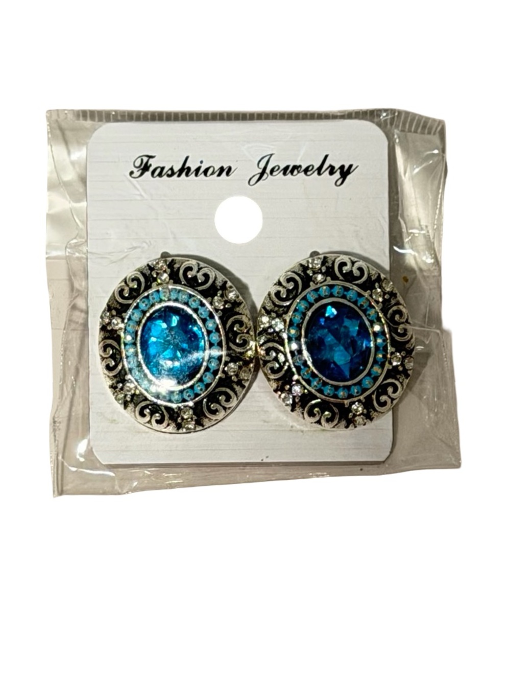 Fashion Jewelry Blue Rhinestone Silver Tone Statement Stud Earrings